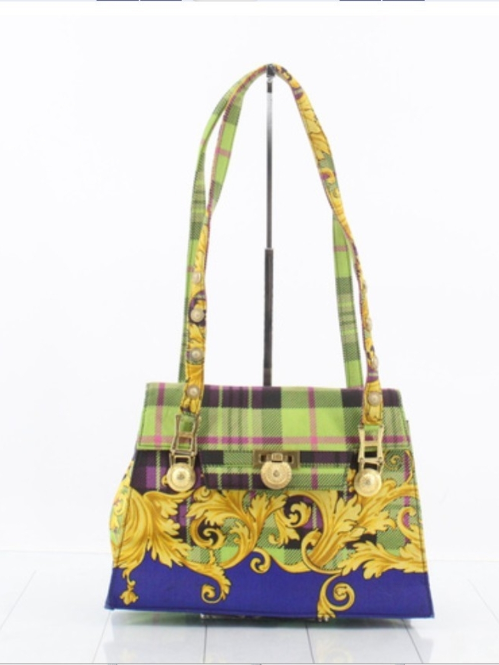 Rare Vintage Gianni Versace Green & Purple Patterned Women's Shoulder Bag